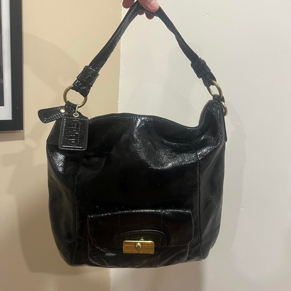 Y2K 2000s black patent leather Coach Kristin Slouchy Hobo Shoulder Bag /Handbag